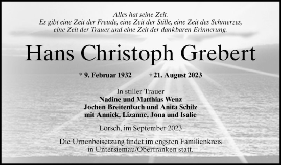 Traueranzeige von Hans Christoph Grebert von Bergsträßer Anzeiger