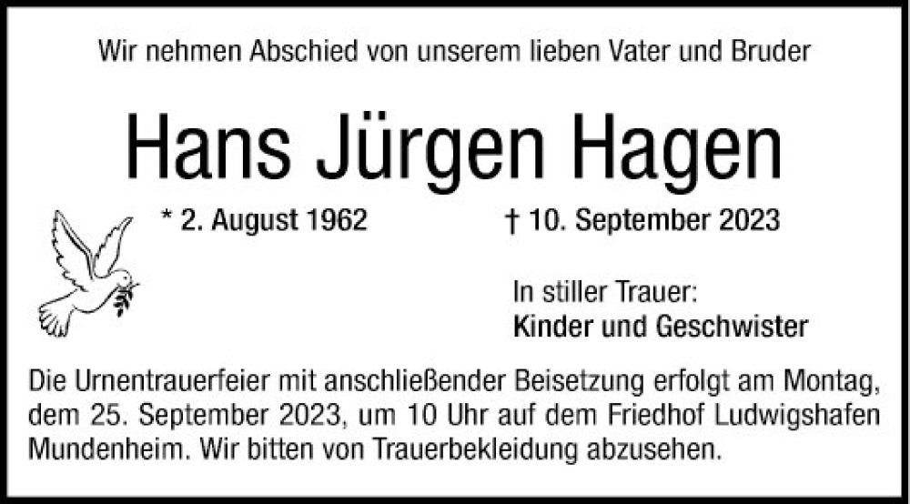  Traueranzeige für Hans Jürgen Hagen vom 20.09.2023 aus Mannheimer Morgen