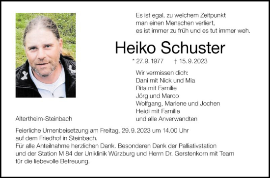 Traueranzeige von Heiko Schuster von Fränkische Nachrichten