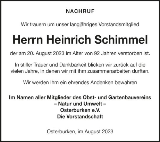 Traueranzeige von Heinrich Schimmel von Fränkische Nachrichten