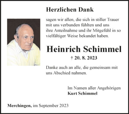 Traueranzeige von Heinrich Schimmel von Fränkische Nachrichten