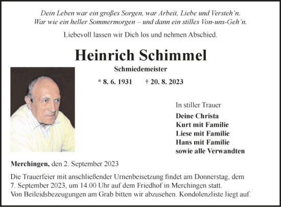 Traueranzeige von Heinrich Schimmel von Fränkische Nachrichten