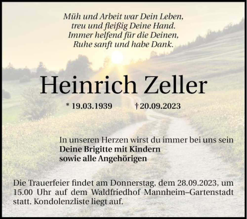  Traueranzeige für Heinrich Zeller vom 23.09.2023 aus Mannheimer Morgen