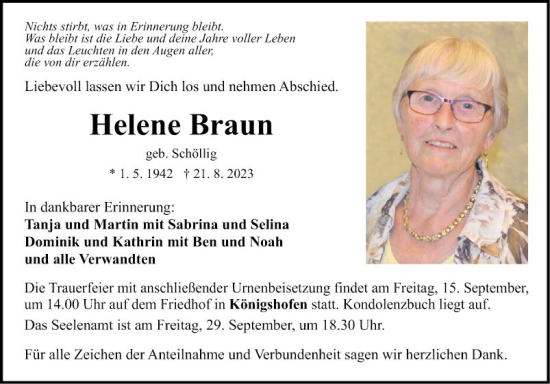 Traueranzeige von Helene Braun von Fränkische Nachrichten