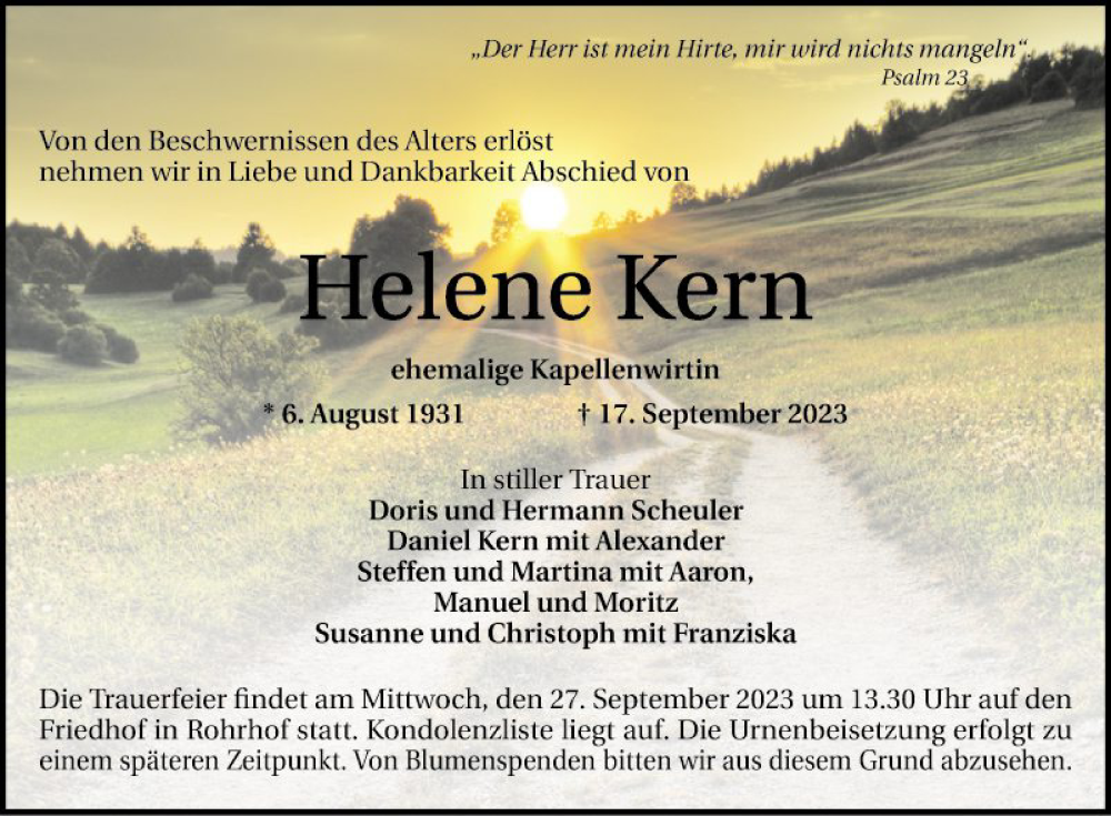  Traueranzeige für Helene Kern vom 23.09.2023 aus Mannheimer Morgen