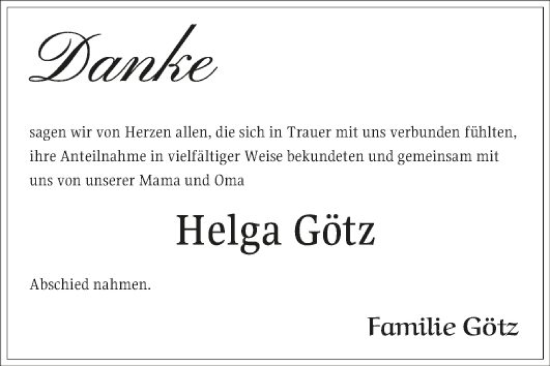 Traueranzeige von Helga Götz von Fränkische Nachrichten