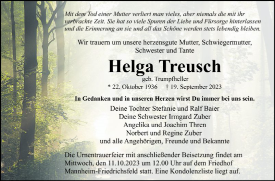 Traueranzeige von Helga Treusch von Mannheimer Morgen