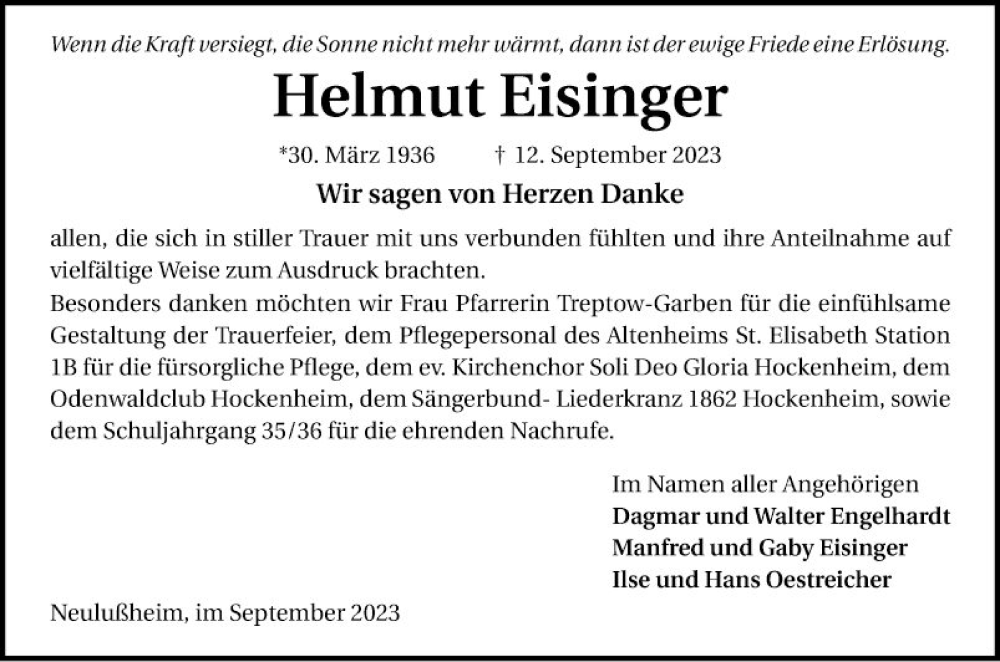  Traueranzeige für Helmut Eisinger vom 23.09.2023 aus Schwetzinger Zeitung