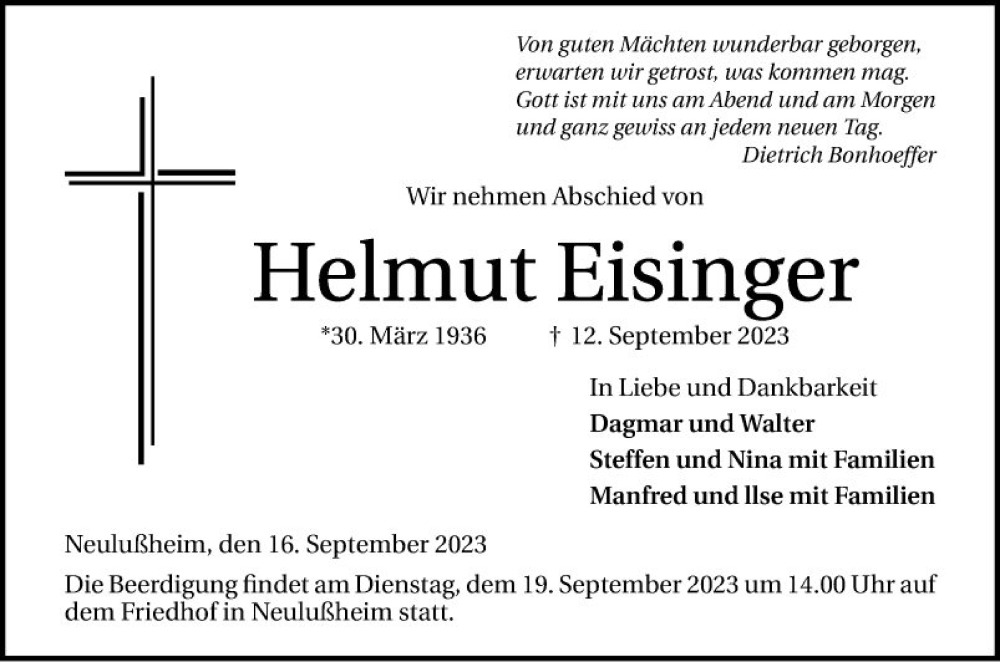  Traueranzeige für Helmut Eisinger vom 16.09.2023 aus Schwetzinger Zeitung