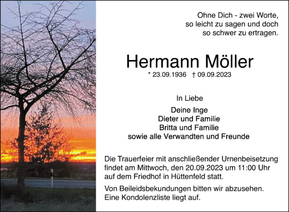  Traueranzeige für Hermann Möller vom 16.09.2023 aus Mannheimer Morgen