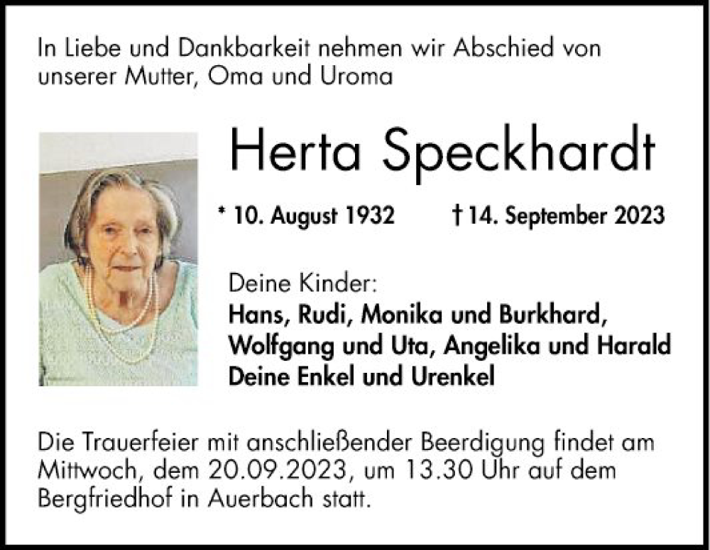  Traueranzeige für Herta Speckhardt vom 16.09.2023 aus Bergsträßer Anzeiger