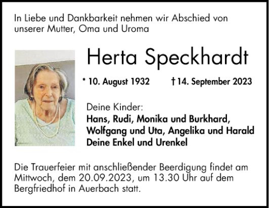 Traueranzeige von Herta Speckhardt von Bergsträßer Anzeiger