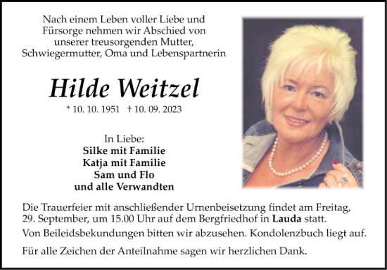 Traueranzeige von Hilde Weitzel von Fränkische Nachrichten