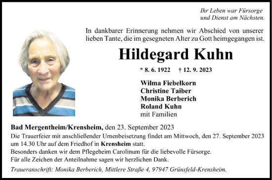 Traueranzeige von Hildegard Kuhn von Fränkische Nachrichten