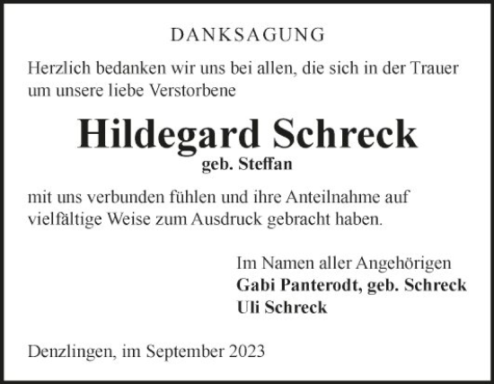 Traueranzeige von Hildegard Schreck von Fränkische Nachrichten