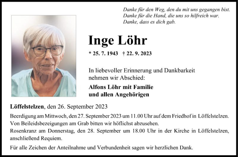  Traueranzeige für Inge Löhr vom 26.09.2023 aus Fränkische Nachrichten