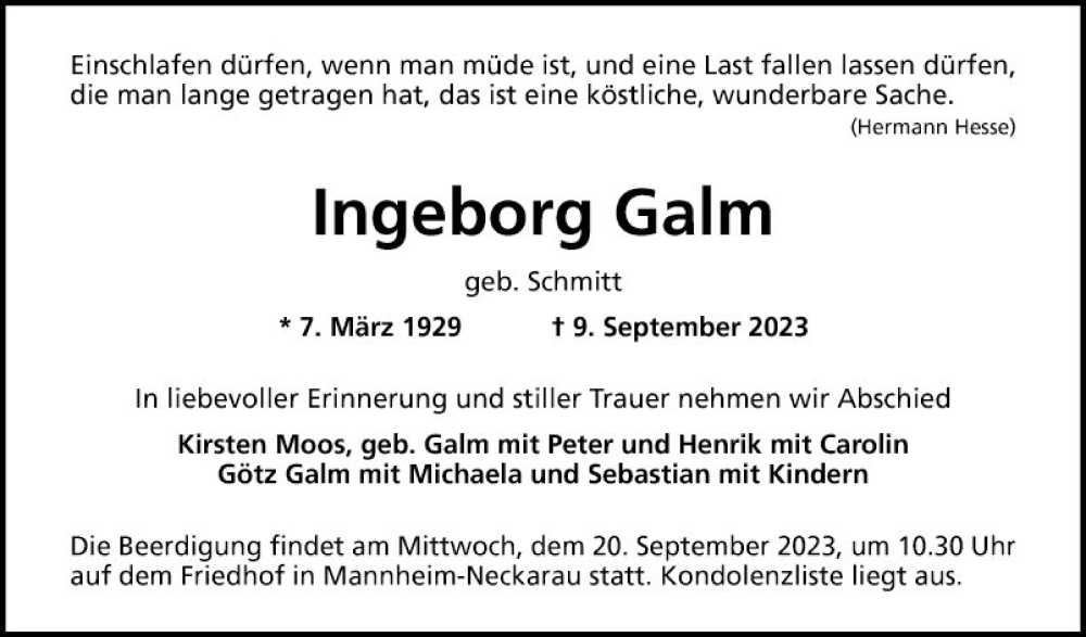  Traueranzeige für Ingeborg Galm vom 16.09.2023 aus Mannheimer Morgen