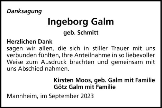 Traueranzeige von Ingeborg Galm von Mannheimer Morgen