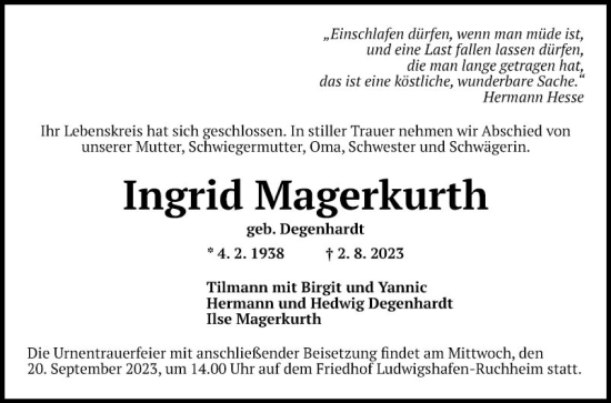 Traueranzeige von Ingrid Magerkurth von Mannheimer Morgen