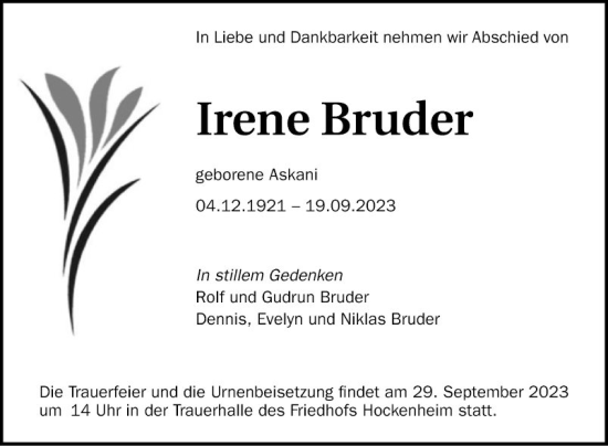 Traueranzeige von Irene Bruder von Schwetzinger Zeitung