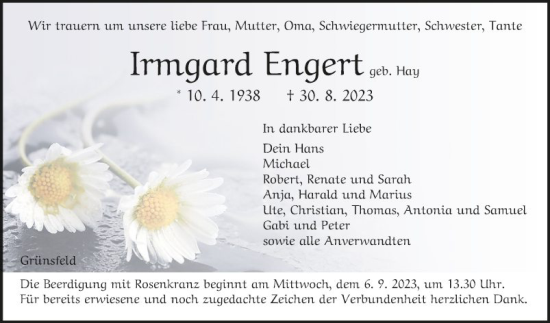 Traueranzeige von Irmgard Engert von Fränkische Nachrichten