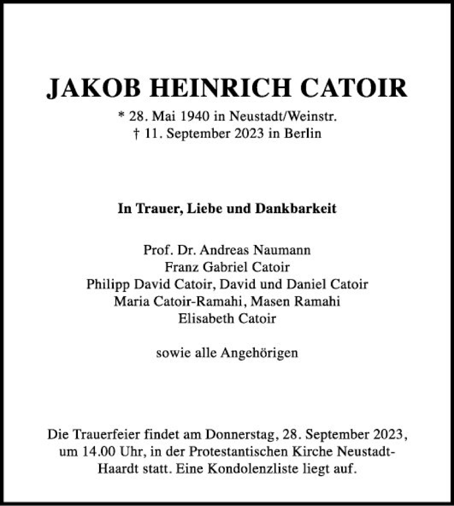  Traueranzeige für Jakob Heinrich Catoir vom 19.09.2023 aus Mannheimer Morgen