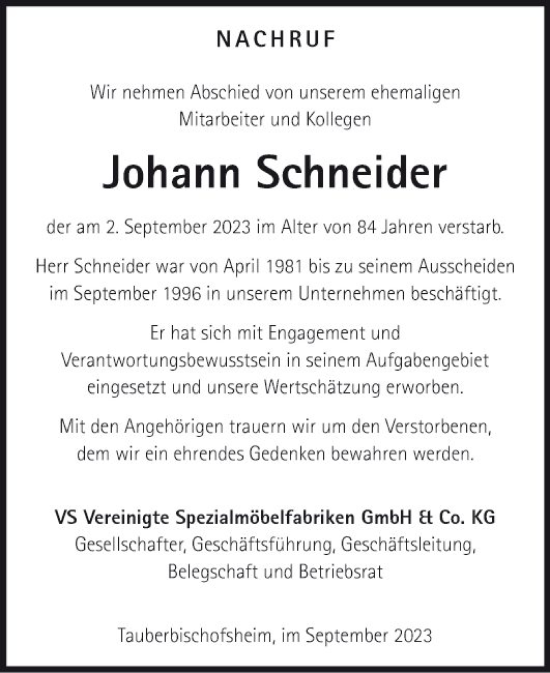 Traueranzeige von Johann Schneider von Fränkische Nachrichten