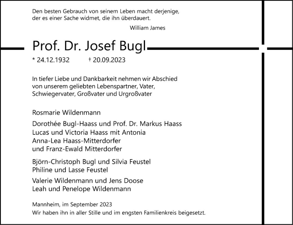  Traueranzeige für Josef Bugl vom 30.09.2023 aus Mannheimer Morgen