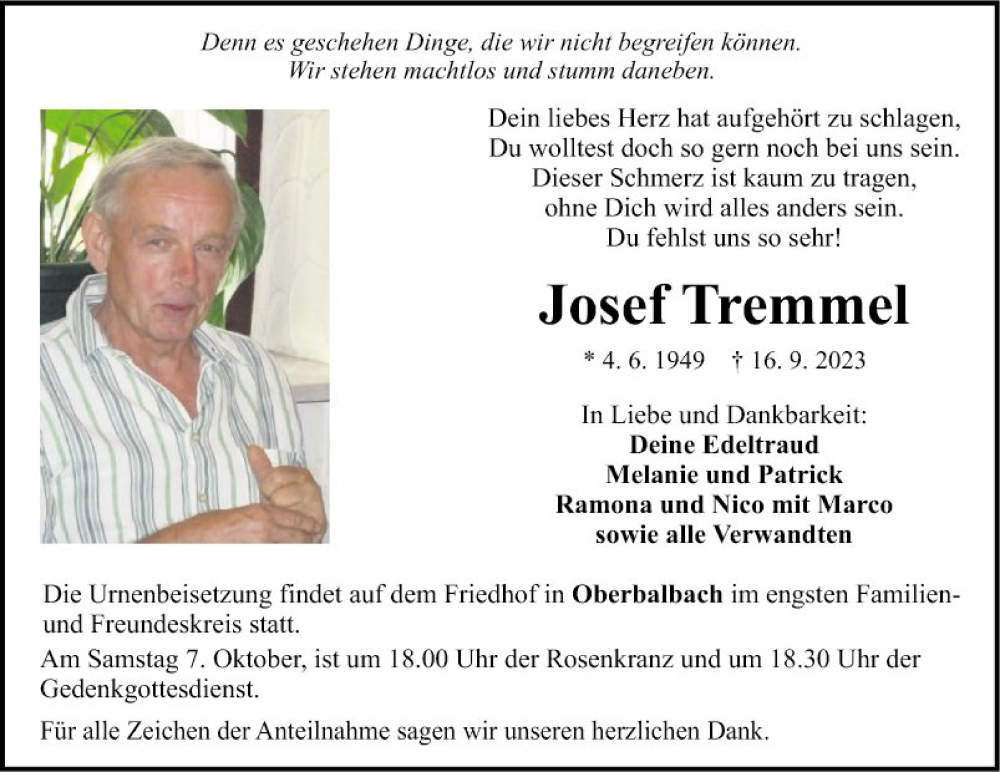  Traueranzeige für Josef Tremmel vom 23.09.2023 aus Fränkische Nachrichten
