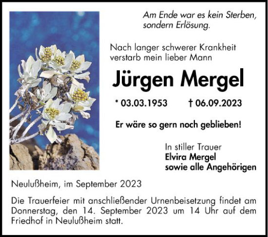 Traueranzeige von Jürgen Mergel von Schwetzinger Zeitung