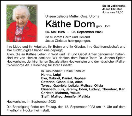 Traueranzeige von Käthe Dorn von Schwetzinger Zeitung