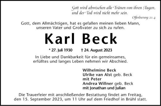 Traueranzeige von Karl Beck von Schwetzinger Zeitung