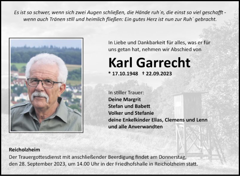  Traueranzeige für Karl Garrecht vom 26.09.2023 aus Fränkische Nachrichten