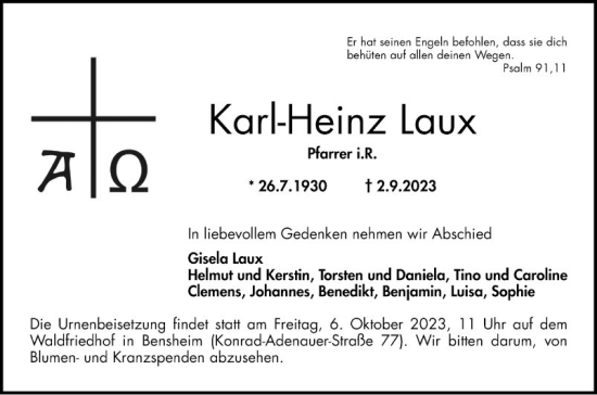 Traueranzeige von Karl-Heinz Laux von Bergsträßer Anzeiger