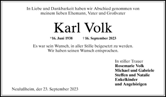 Traueranzeige von Karl Volk von Schwetzinger Zeitung