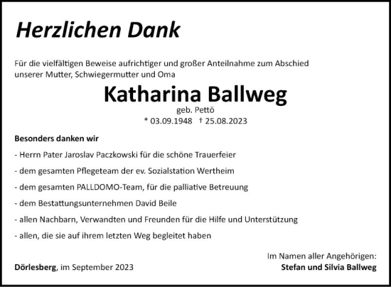 Traueranzeige von Katharina Ballweg von Fränkische Nachrichten