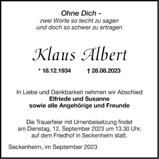 Traueranzeige von Klaus Albert von Mannheimer Morgen