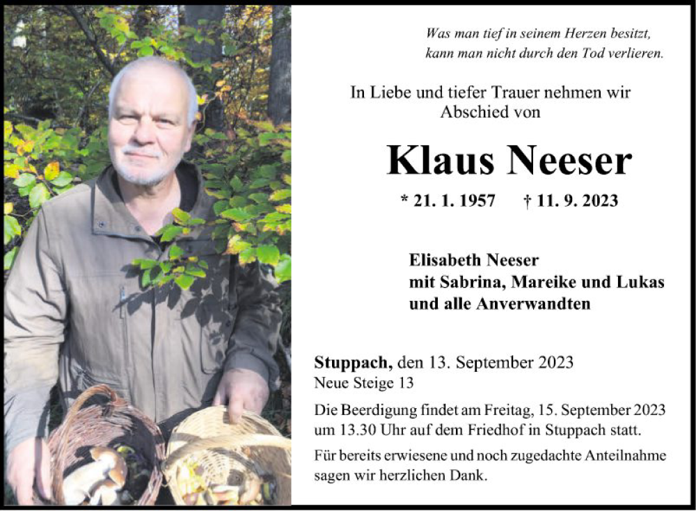  Traueranzeige für Klaus Neeser vom 13.09.2023 aus Fränkische Nachrichten