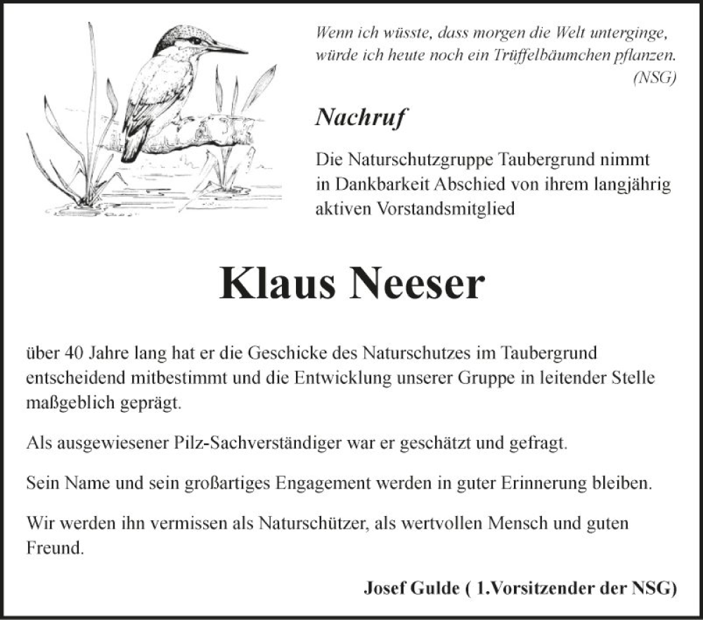  Traueranzeige für Klaus Neeser vom 16.09.2023 aus Fränkische Nachrichten