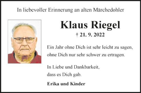 Traueranzeige von Klaus Riegel von Fränkische Nachrichten