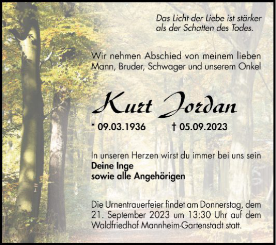 Traueranzeige von Kurt Jordan von Mannheimer Morgen