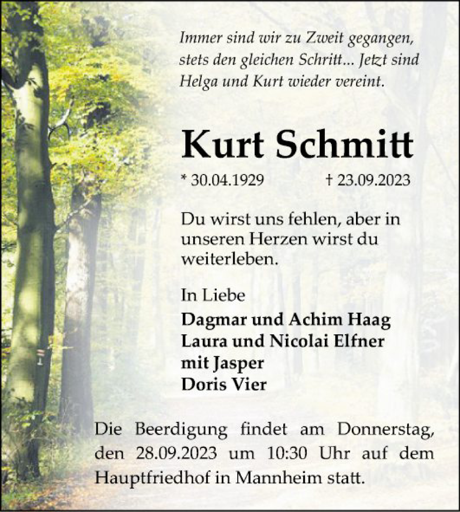  Traueranzeige für Kurt Schmitt vom 26.09.2023 aus Mannheimer Morgen