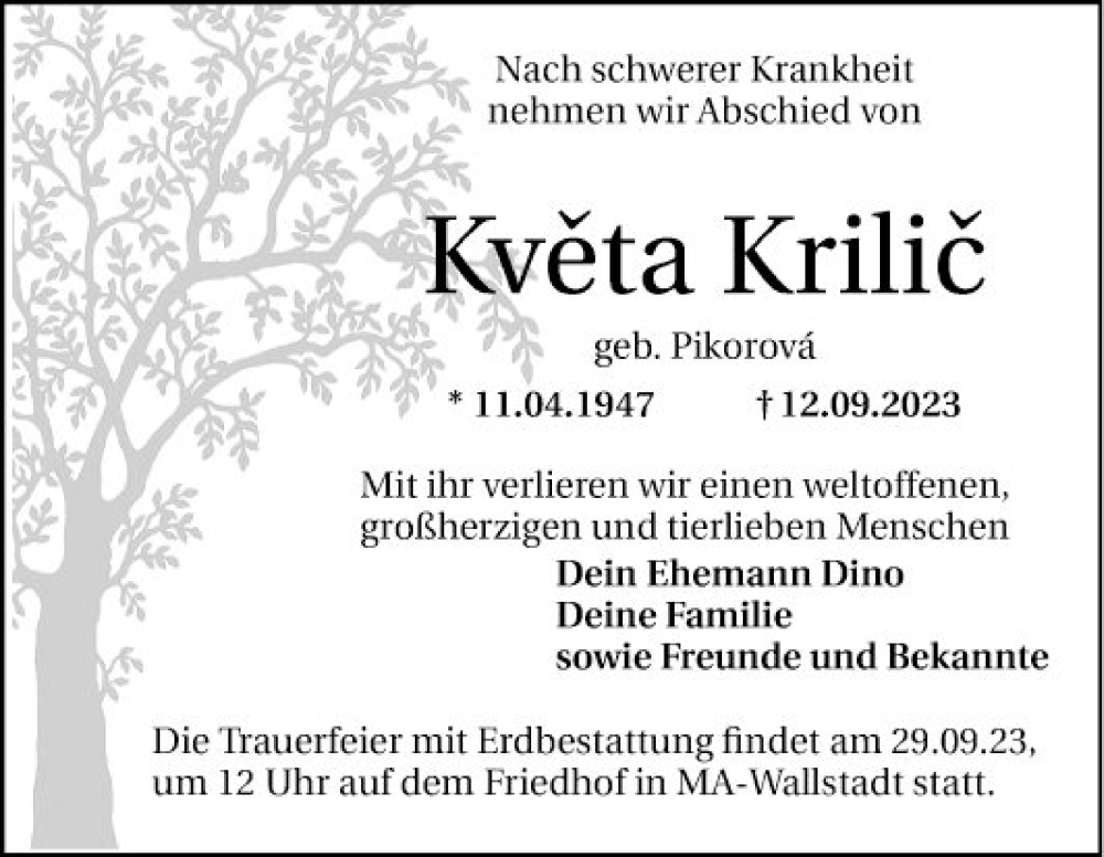  Traueranzeige für Kveta Krilic vom 23.09.2023 aus Mannheimer Morgen
