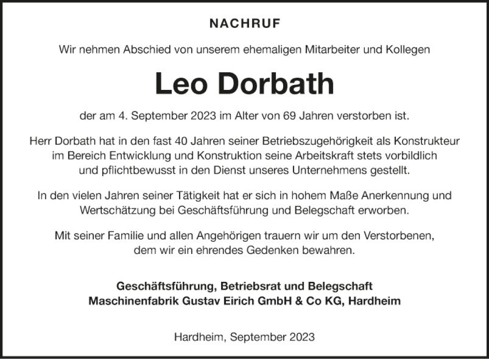  Traueranzeige für Leo Dorbath vom 09.09.2023 aus Fränkische Nachrichten