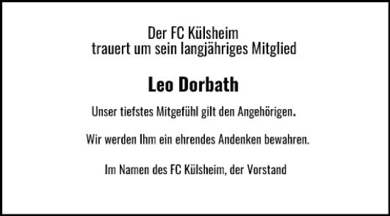 Traueranzeige von Leo Dorbath von Fränkische Nachrichten