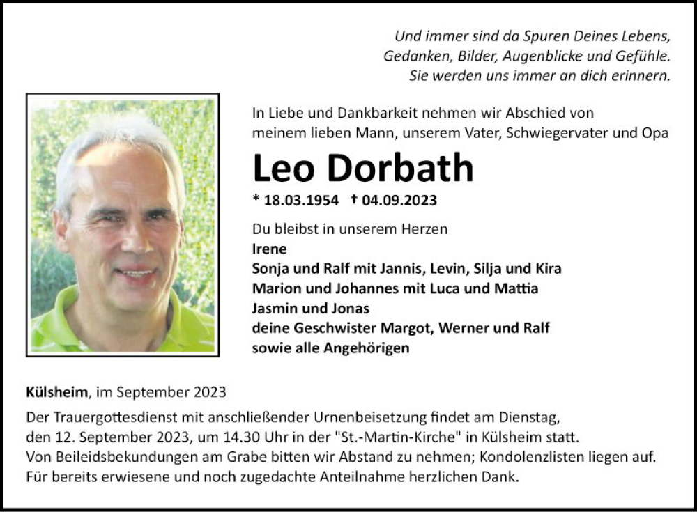  Traueranzeige für Leo Dorbath vom 09.09.2023 aus Fränkische Nachrichten