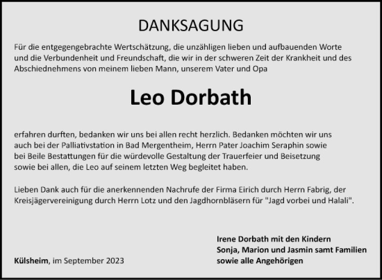 Traueranzeige von Leo Dorbath von Fränkische Nachrichten