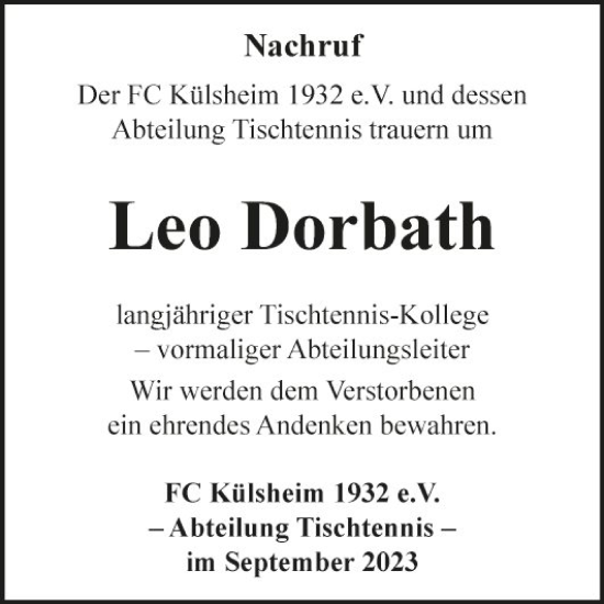 Traueranzeige von Leo Dorbath von Fränkische Nachrichten