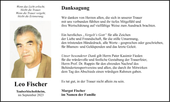 Traueranzeige von Leo Fischer von Fränkische Nachrichten