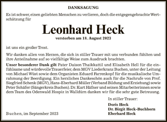 Traueranzeige von Leonhard Heck von Fränkische Nachrichten